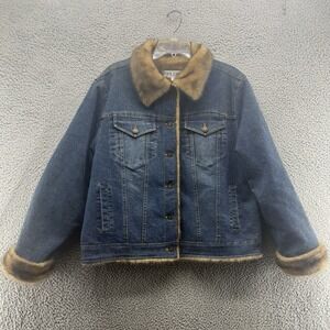 VINTAGE Marvin Richards Jacket Womens Extra Large Blue Denim Faux Fur Lined Coat
